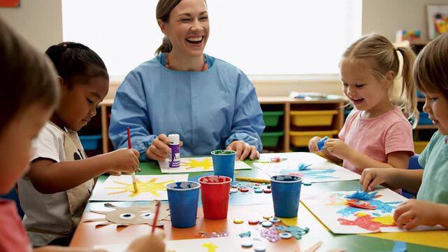 Group of happy multicultural elementary school students creating art projects, painting, and crafting at a table with their smiling female teacher supervising in a bright, sunlit classroom