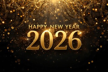 Minimalist Happy New Year 2026 Gold 3D Text with Sparkle Effect on Dark Background