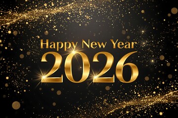 Minimalist Happy New Year 2026 Gold 3D Text with Sparkle Effect on Dark Background
