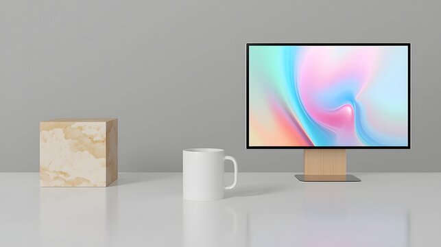 Minimalist workspace with modern computer display featuring colorful abstract swirl on screen, ceramic mug, and marble cube on reflective desk surface in soft neutral studio lighting