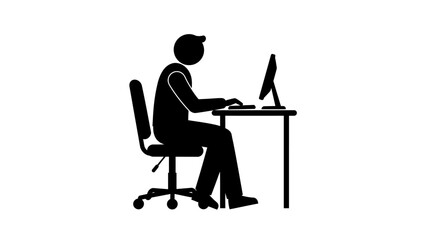 Silhouette of a person working at a computer desk using a keyboard and monitor representing office work and technology usage. isolated on white background