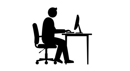Silhouette of a man in a suit typing on a computer keyboard at a desk in an office setting isolated on white background