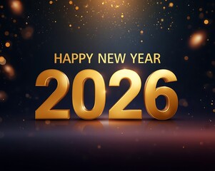 Happy New Year 2026 3D Gold Text on Dark Reflective Background with Spotlights
