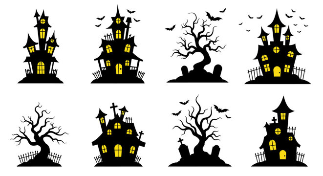 Spooky halloween haunted houses and creepy silhouette trees with bats and gravestones for festive holiday decorations isolated on white background