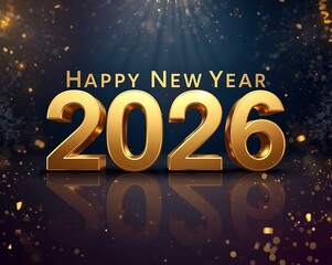Happy New Year 2026 3D Gold Text on Dark Reflective Background with Spotlights
