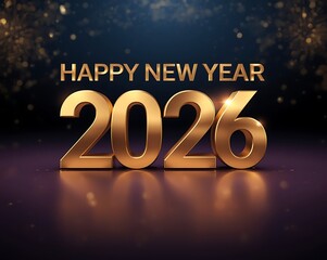 Happy New Year 2026 Gold 3D Text with Fireworks and Bokeh on Dark Background