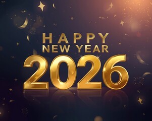 Happy New Year 2026 Gold 3D Text with Fireworks and Bokeh on Dark Background