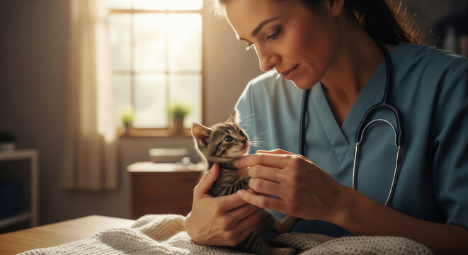 Photographic image of a female veterinarian holding and examining a cute little kitten in a clinic