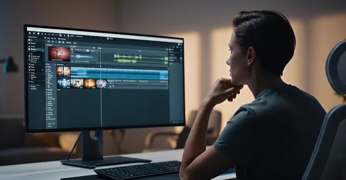 Person editing video on a computer with a timeline interface.
