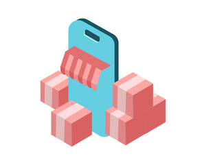 Obraz premium Isometric Mobile Phone with Pink Shop Awning and Pink Boxes Stacked for Delivery Application in Transparent Background