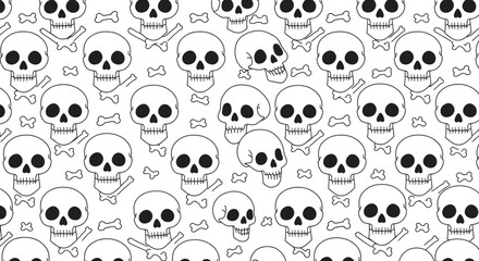 Seamless pattern of hand-drawn skulls and bones a creepy textured backdrop for halloween and gothic themed designs isolated on white background