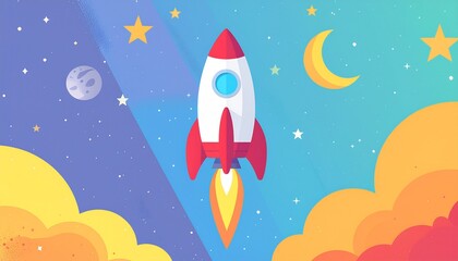 Boldly launch your dreams with this vibrant rocket flying through a colorful cosmos filled with stars and a crescent moon for a sense of adventure
