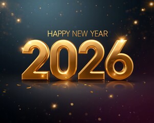 Happy New Year 2026 Gold 3D Text with Fireworks and Bokeh on Dark Background