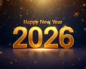 Happy New Year 2026 Golden 3D Text on Dark Blue Reflective Background