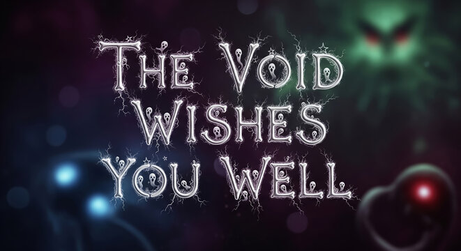 Whimsical spooky lettering 'the void wishes you well' with ghosts and stars on a cosmic nebula background, a fantasy illustration