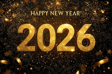 Happy New Year 2026 Gold Glitter Text with Christmas Ornaments on Black Background