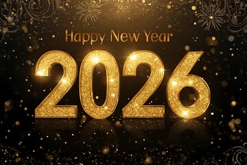 Happy New Year 2026 Gold Glitter Text with Christmas Ornaments on Black Background