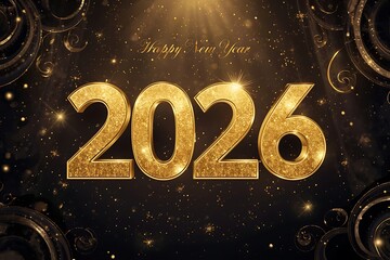 Happy New Year 2026 Glitter Gold 3D Text on Black Ornate Background