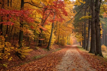 road with falling leaves in autumn time