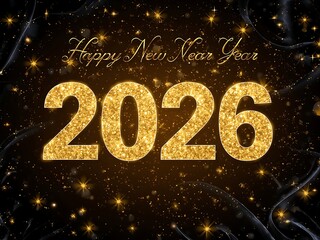 Happy New Year 2026 Glitter Gold 3D Text on Black Ornate Background