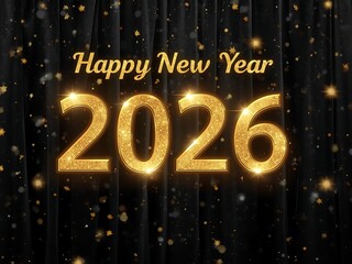 Happy New Year 2026 Glitter Gold 3D Text on Black Ornate Background