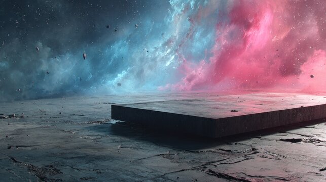 Dark concrete floor and platform against a vibrant, glowing blue-pink cosmic nebula