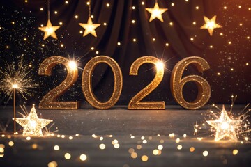 Happy New Year 2026 Glitter Text with Sparklers, Stars, and Stage Curtain Background