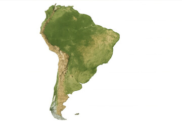 South america continent map showing physical geography and topography, featuring andes mountains with transparent background