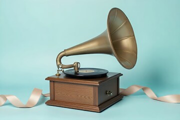 Vintage gramophone on light blue background for retro music concepts