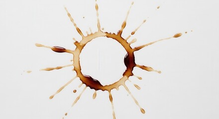 A brown liquid splash forms a ring with radial streaks resembling a starburst pattern on a clean white surface Some areas are darker and thicker