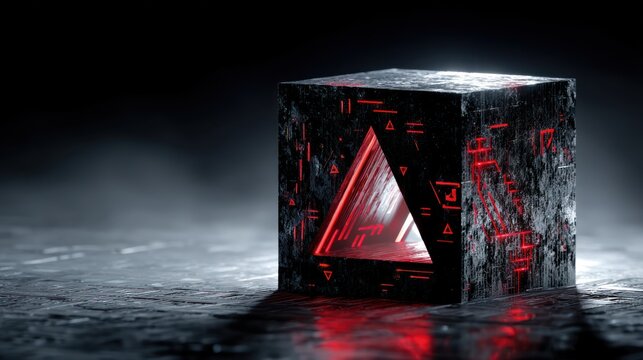 Abstract dark cube with glowing red triangle design on rough texture surface