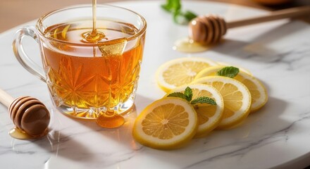 A clear glass mug with golden liquid topped with pouring honey rests beside lemon slices and a mint sprig on a white marble surface
