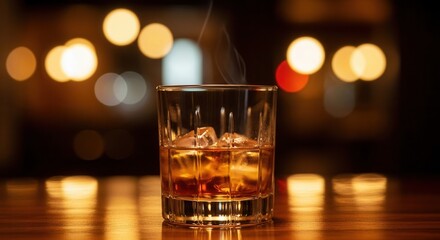 A clear glass with a warm amber beverage and ice cubes sits on a reflective wooden surface subtle smoke rising against a blurred bokeh background