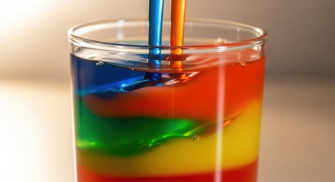 A clear glass holds multiple layers of vibrant liquids with blue and orange streams being poured into the topmost blue layer