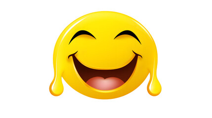 Yellow emoji face with tears and big smile on transparent background