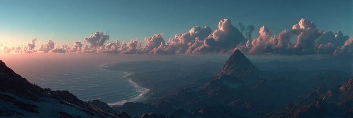 Sunrise paints the sky with dramatic clouds over a vast mountain range and misty valley below