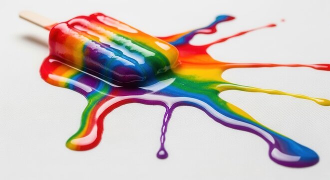 A colorful striped popsicle in rainbow hues melts on a white textured surface creating vibrant liquid splashes and drips with a wooden stick visible