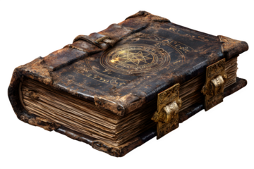 Ancient mystical grimoire with glowing arcane symbols and ornate golden clasps, hinting at forgotten magic and hidden knowledge.. Perfect for Halloween Designs