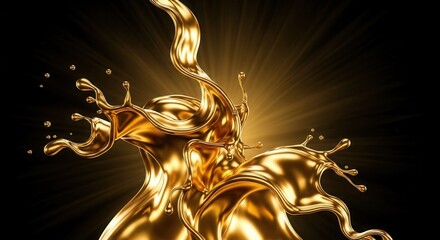 A dramatic splash of metallic gold liquid on a dark background with radiant golden light emanating from the upper right