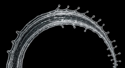 A dynamic arc of clear water splashes against a solid black background The liquid stream exhibits ripples and numerous small droplets along its curved trajectory