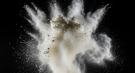 A dynamic burst of fine white and light-colored powder particles explodes outwards against a solid black background creating a cloud of dust and scattering debris