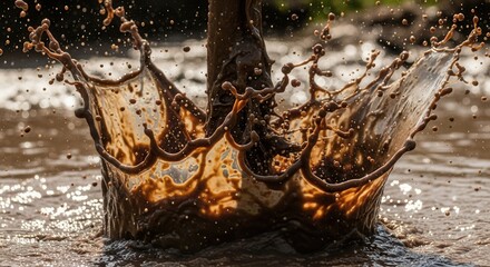 A dynamic close-up shows a large splash of thick brown liquid erupting from a water surface forming intricate patterns and numerous sparkling droplets against a blurred background