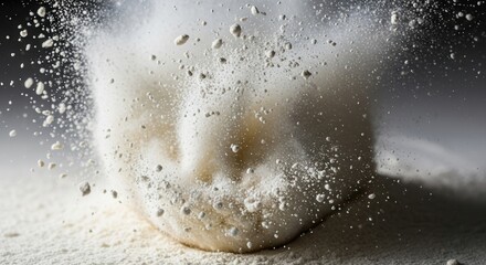 A dynamic explosion of fine white powder with numerous particles and larger clumps suspended mid-air against a gradient background settling on a textured surface