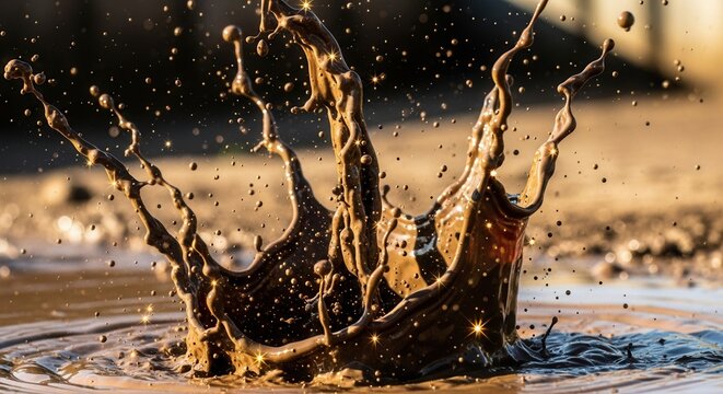 A dynamic close-up of a thick brown liquid splashing upwards from a surface creating droplets and intricate forms illuminated by sparkling light against a soft background