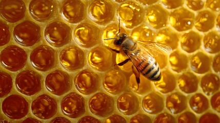 Honeycomb cell structure is shown with a detailed focus, showcasing the glossy appearance and natural patterns, with a  view highlighting a single bee resting on the surface.