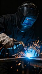 Welder in protective mask creating sparks while welding metal in dark workshop