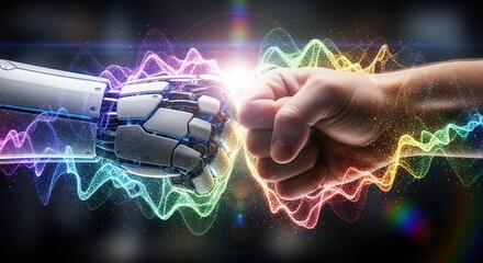 A human fist and a robotic arms fist meet surrounded by vibrant undulating particle streams