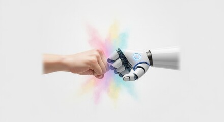 A human fist and a robotic fist connect generating a vibrant dust explosion on a bright white background
