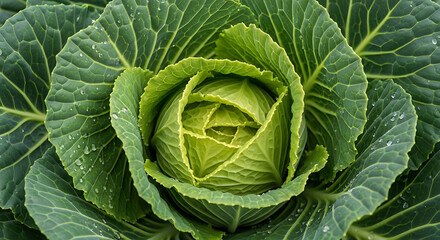 Fototapeta premium Green Cabbage Head with Water Droplets on Outer Leaves in Natural Light
