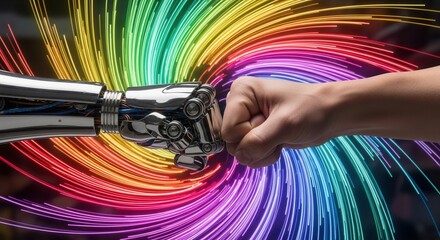 A human hand and a robotic hand exchange a fist bump against a background of spiraling rainbow light trails The robotic arm shows metallic components and internal wiring